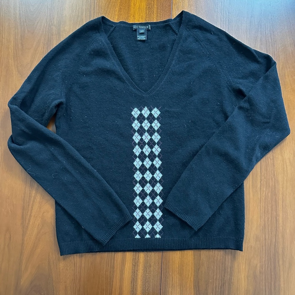 Holt Renfrew 100% Cashmere Black Argyle V-Neck Sweater size Medium